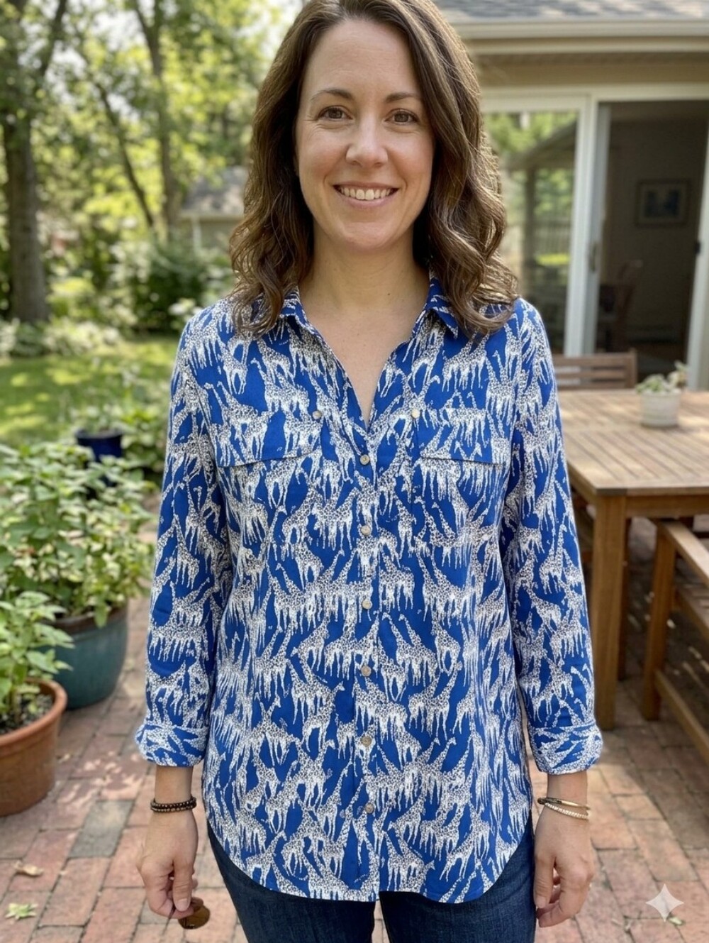 Charter Club Giraffe Patterned Blue & White Blouse XL